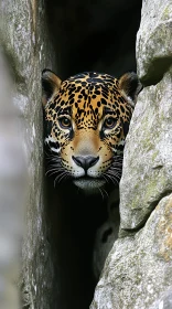 Jaguar's Intense Gaze Amidst Rock Crevice