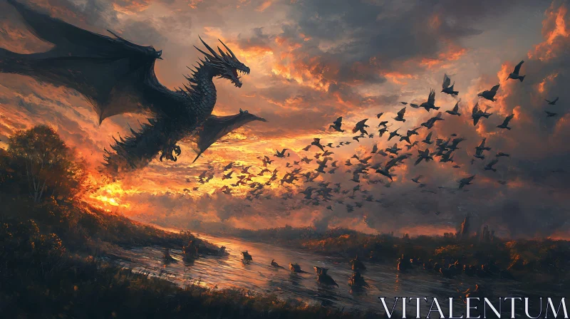 AI ART Sunset Flight of the Dragon