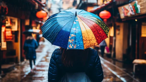 Rainy Day Stroll with a Vibrant Umbrella