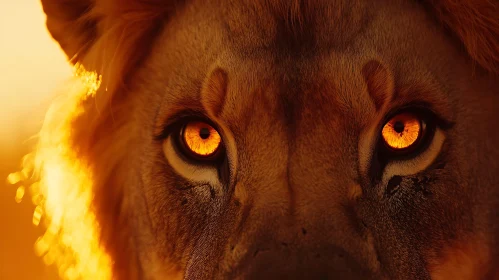 Lion's Gaze Close-Up with Glowing Amber Eyes