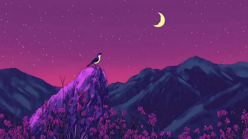 Bird on Rock in Vibrant Night Landscape