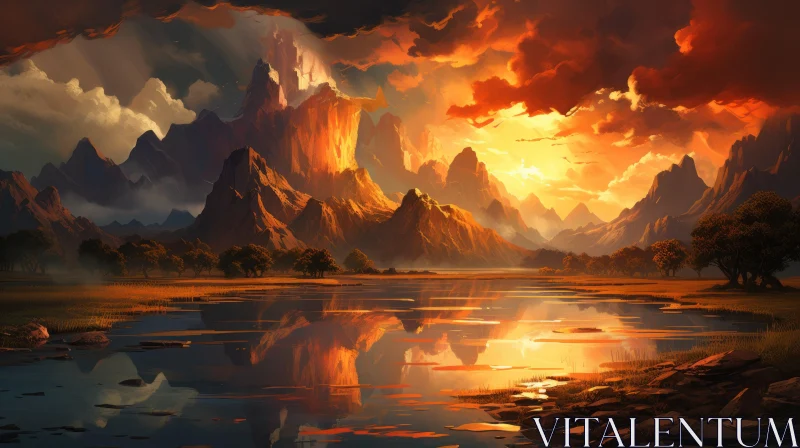 Fantasy Art Mountain in Desert Landscape - Red and Amber AI Image