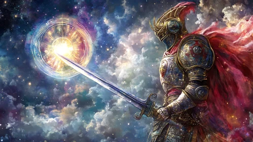 Armored Warrior in Cosmic Scene