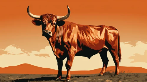 Majestic Brown Bull in Field - Pop-Art Inspired Graphic Design
