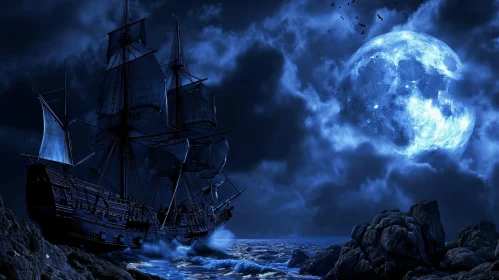 Ship Battling Raging Waves on a Dark and Stormy Night
