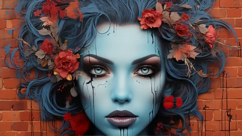 Urban Decay Realism Art - Blue-Haired Woman with Red Flowers