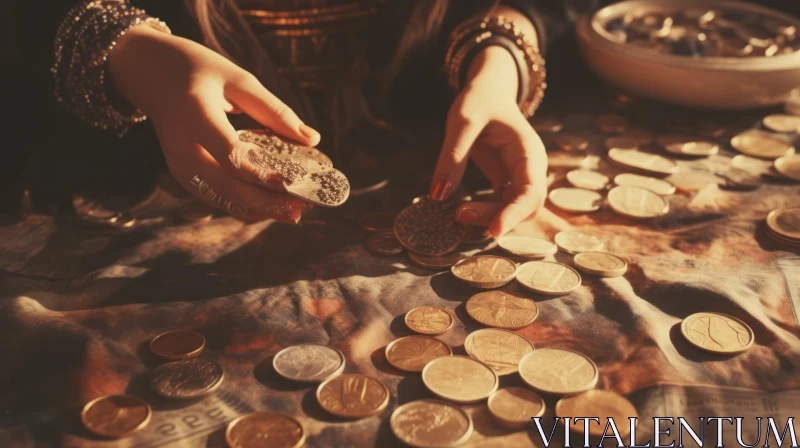 Vintage Woman Placing Coins on Table | Mystical and Dreamy AI Image