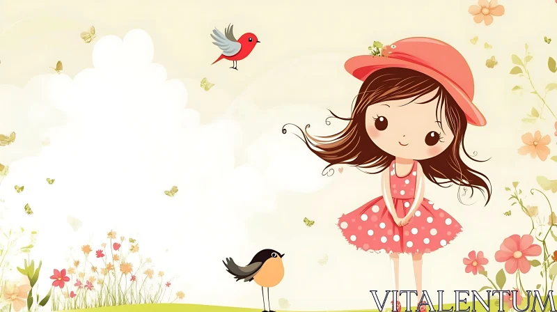 Whimsical Girl in Garden Cartoon