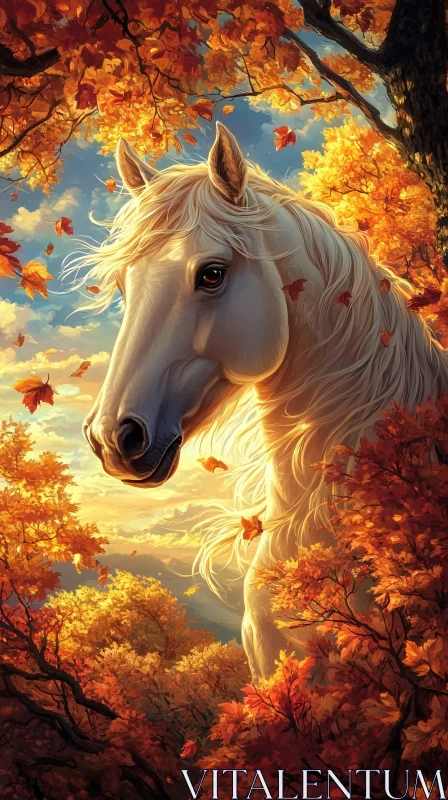 White Horse in Autumn Leaves