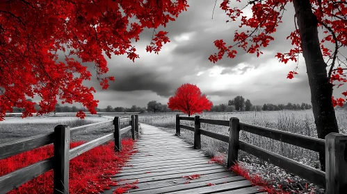 Contrasting Red and Monochrome Forest Scene