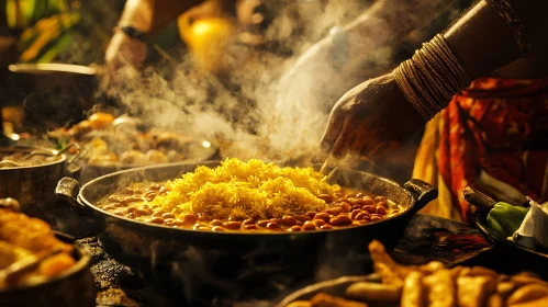 Steaming Pot of Rice and Beans