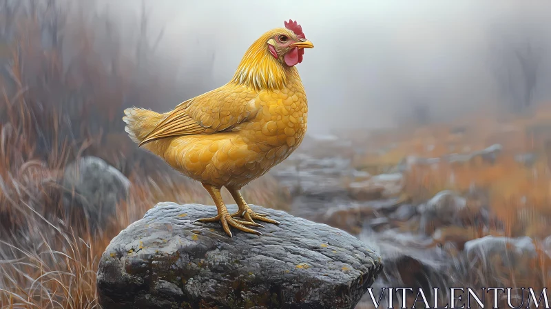 Chicken in Foggy Landscape AI Image