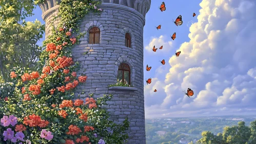 Stone Tower, Butterflies and Floral Beauty