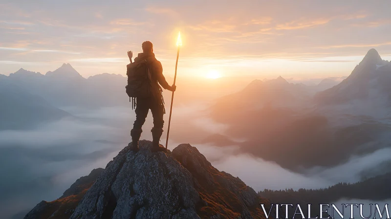 Hiker at Mountain Peak Overlooking Sunrise