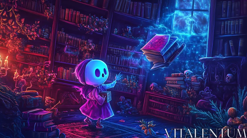 Glowing Library with Cartoon Character