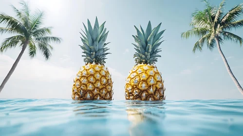 Pineapples in Water with Palm Trees
