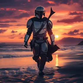 Armored Figure Walking on Beach at Sunset