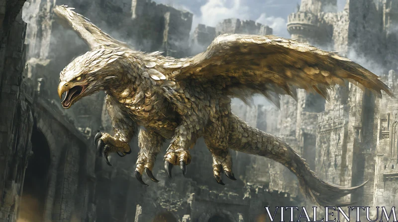 Golden Griffin in Flight Near Castle Ruins AI Image