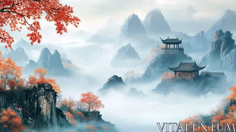 Foggy Asian Mountain Vista with Red Foliage