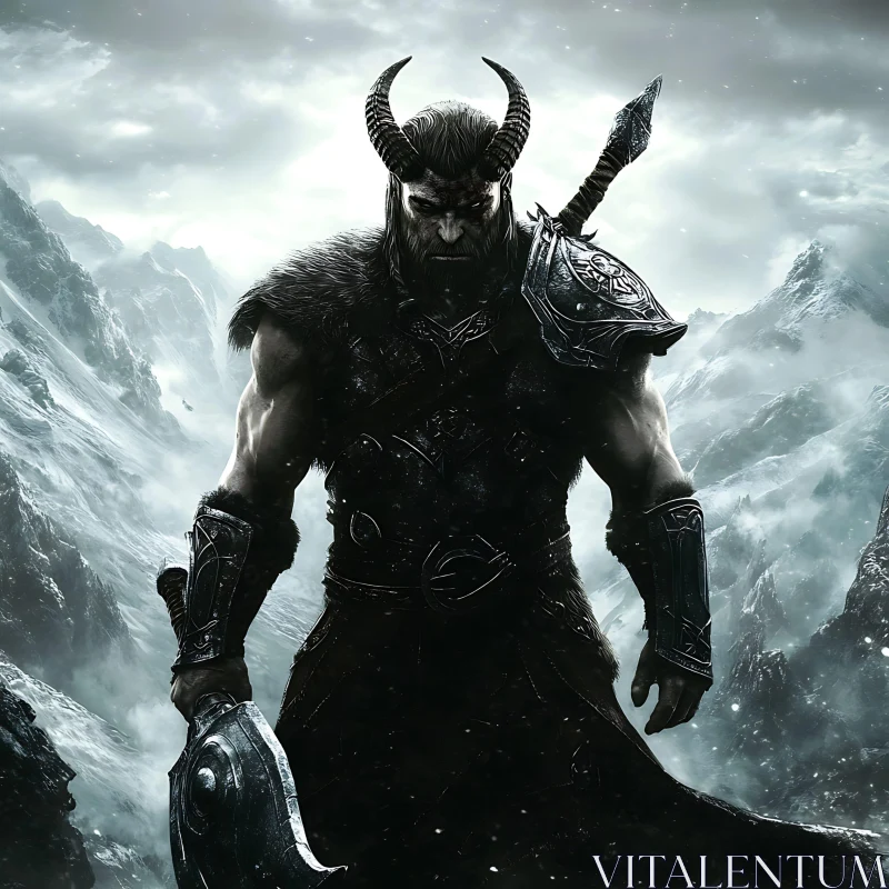 Horned Warrior in Snowy Mountains