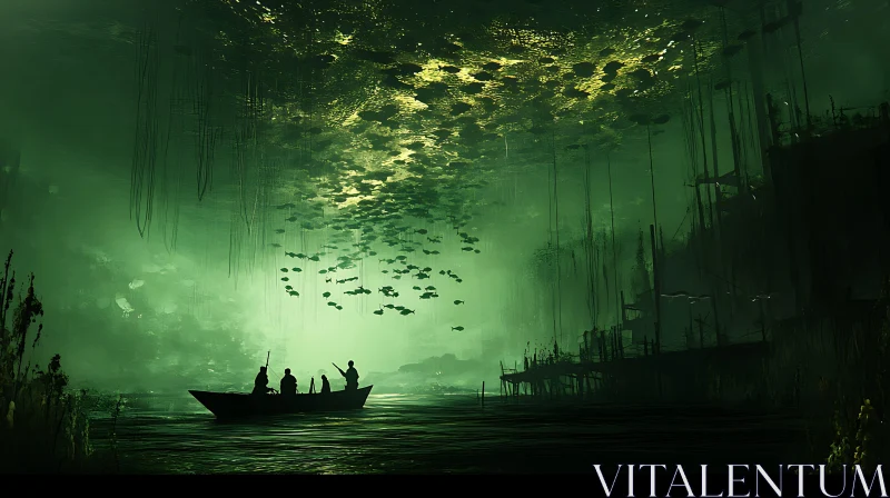 Mystical Waterscape with Boat and Fish Swarm