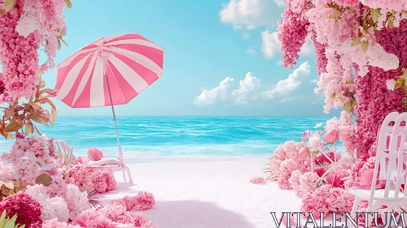Floral Beach Paradise with Pink Parasol