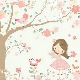 Enchanting Child's Drawing of Girl and Birds
