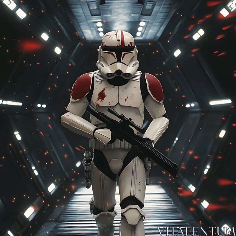 Armored Trooper in Dark Hallway