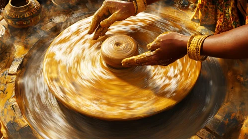 Golden Pottery Wheel in Motion