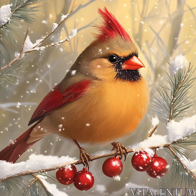 Winter Cardinal Bird with Berries AI Image