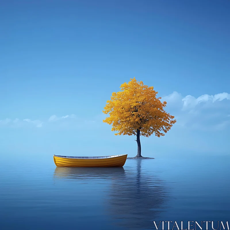 Still Lake with Yellow Boat and Tree