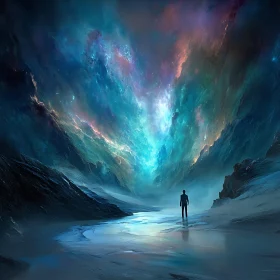 Figure Gazing at Cosmic Sky Reflection