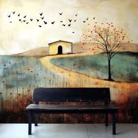 Rustic Landscape with Birds and Empty Bench