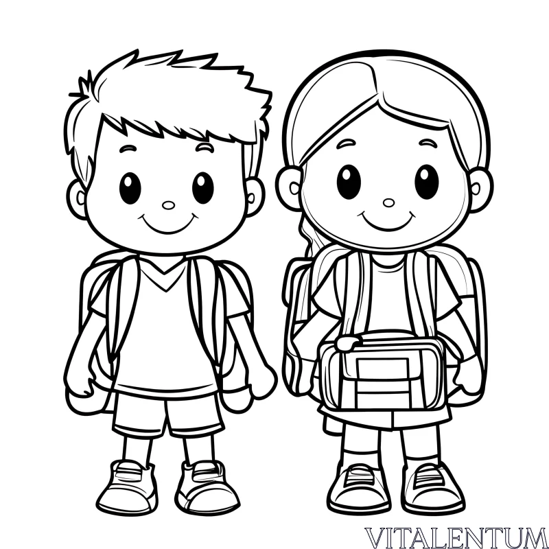 Two Cartoon Kids with Backpacks Line Art