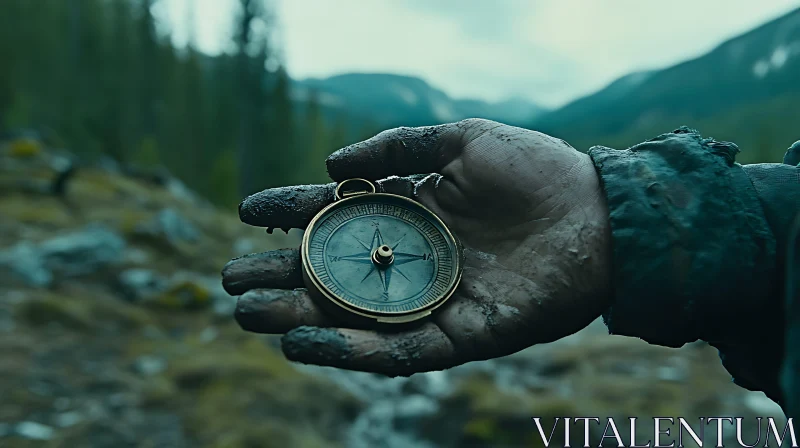 Muddy Hand Holding Compass in Wilderness