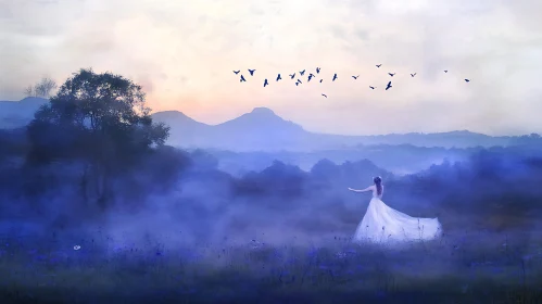 Woman in White Dress with Birds