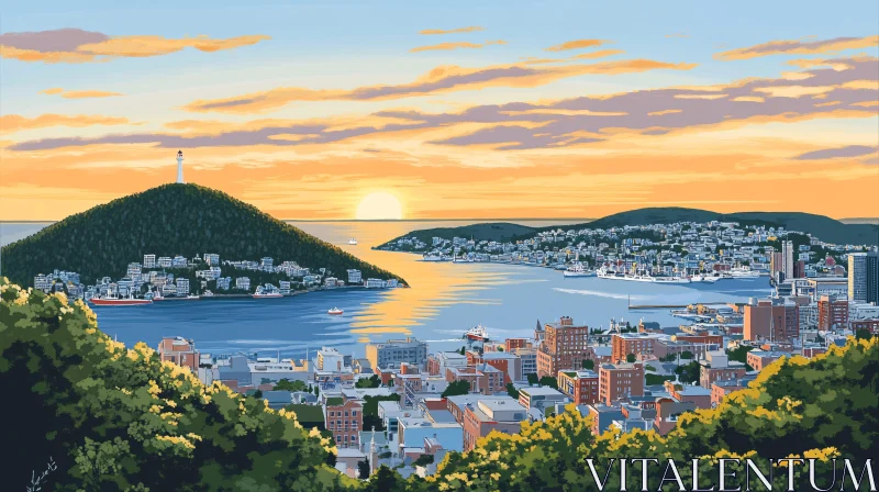 Sunset Over Coastal City