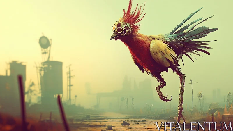 Cyborg Bird in Dystopian Landscape