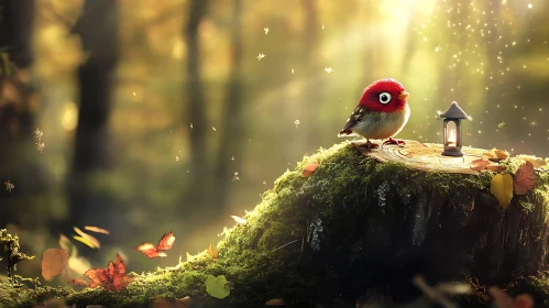 Red Bird in Autumn Forest