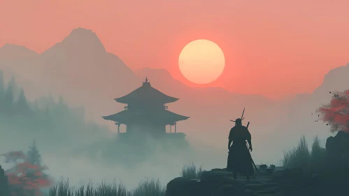 Silhouette of a Samurai at Sunset