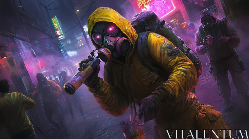 Neon Lit Hazmat Suits in Cityscape