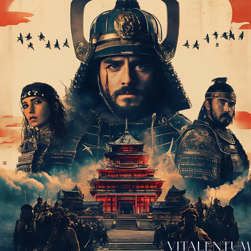 Japanese Warriors and Ancient Temple