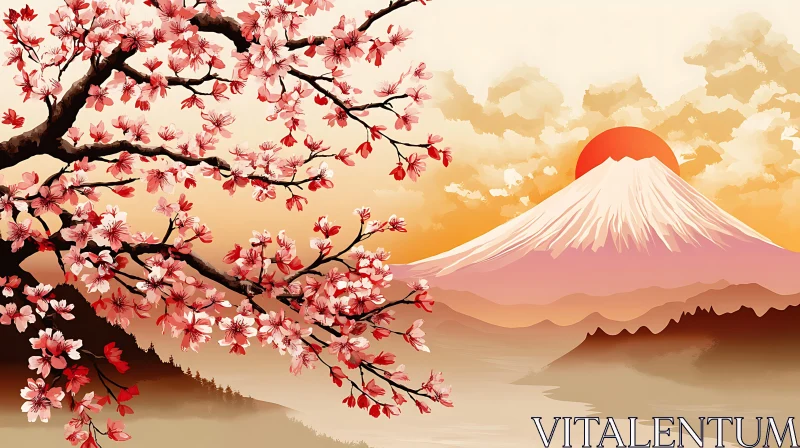 Tranquil Japanese Landscape with Cherry Blossoms