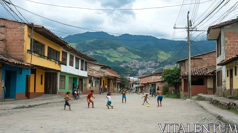 Kids Soccer Game in Mountain Town AI Image