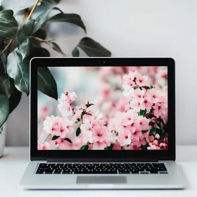 Beautiful Pink Flowers Shown on Laptop Screen