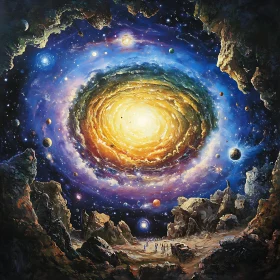 Swirling Galaxy Above People on Alien Planet
