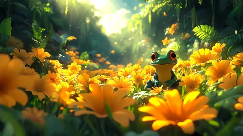 Vivid Frog Amidst Jungle Blooms