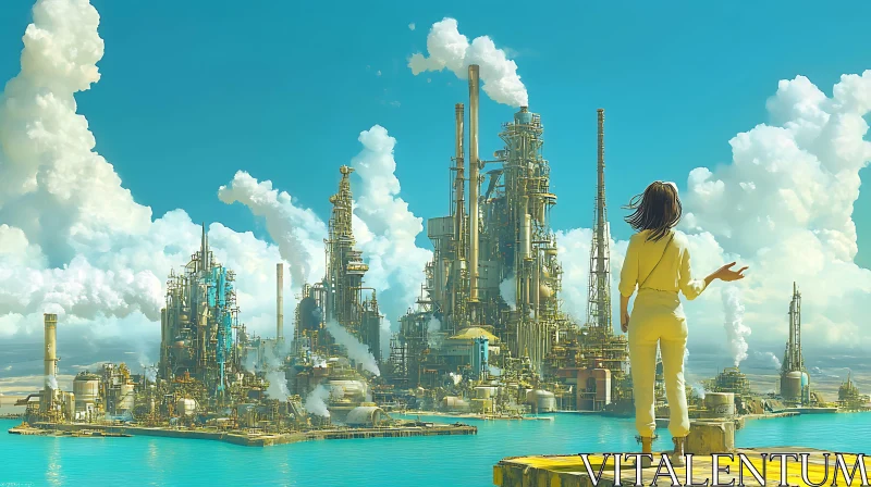 Woman Contemplates Industrial Complex