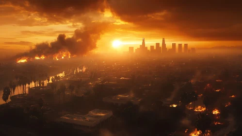 Inferno Cityscape: Sunset's Fiery Embrace