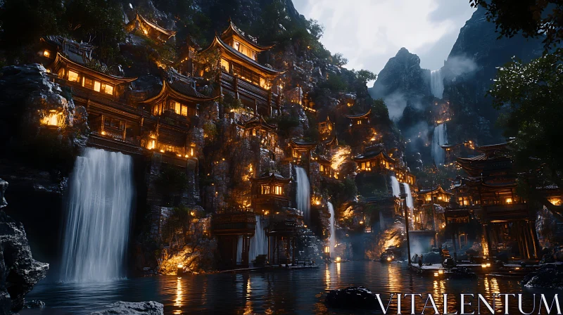 Illuminated Asian Buildings in Mountain Landscape